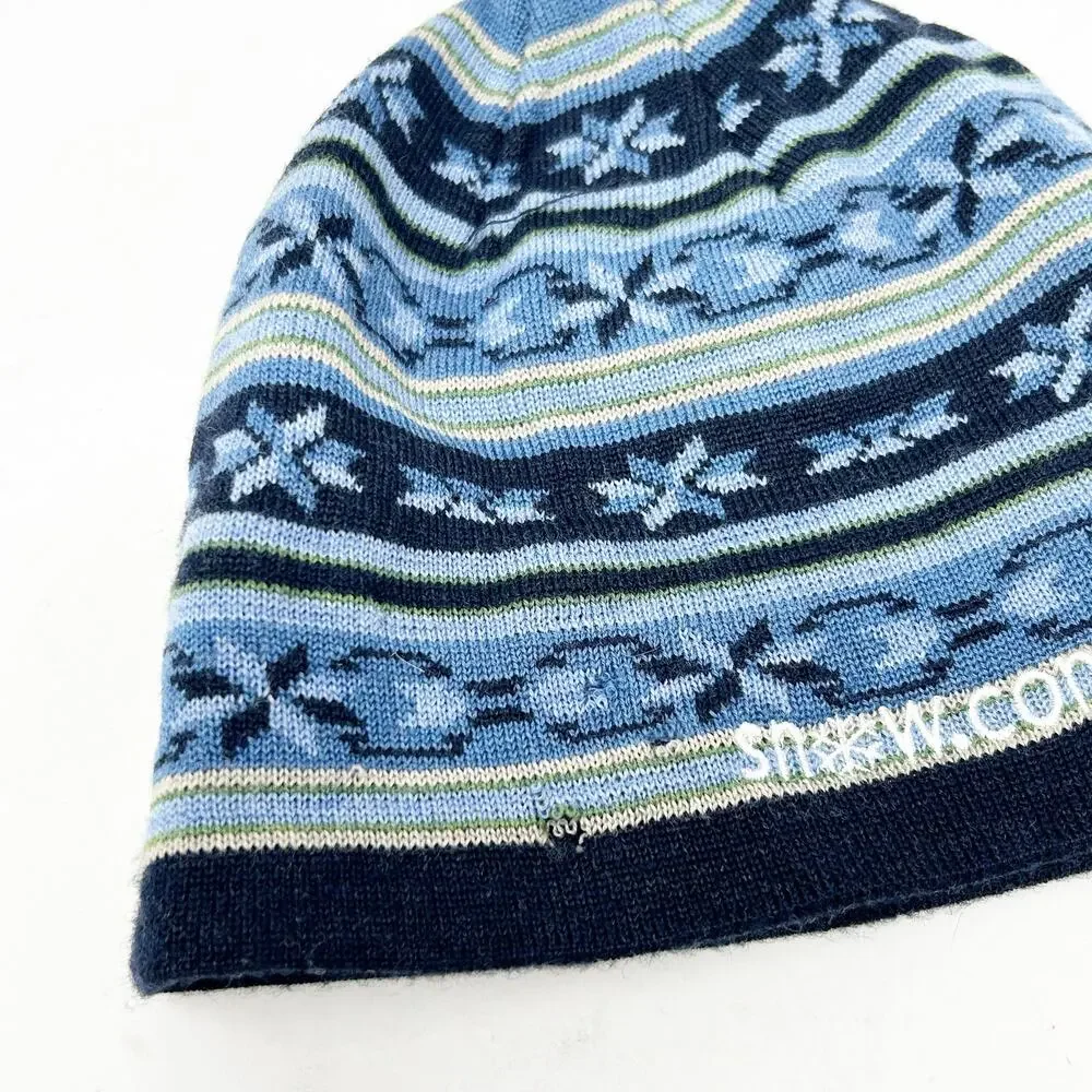 Smartwool‎ Kids 100% Merino Wool Fair Isle Striped Pom Snow Beanie Hat OS Blue